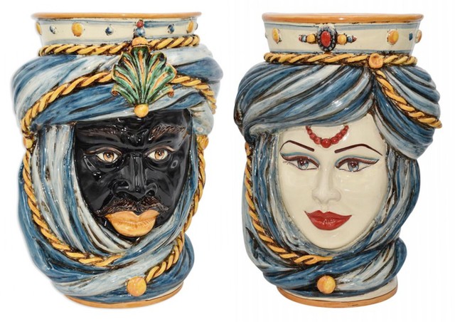 Testa di Moro Vaso Ceramica Caltagirone Blu Arancio Turbante 40 cm Fatto a Mano-