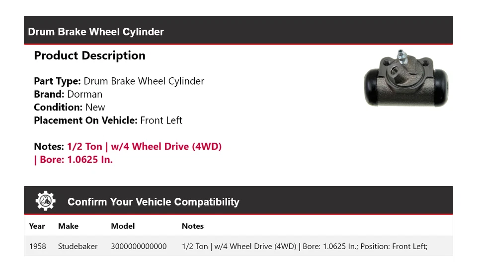 Cilindro de rueda de freno de tambor delantero izquierdo Studebaker 3E12 Dorman 1958 Foto 2 de 3