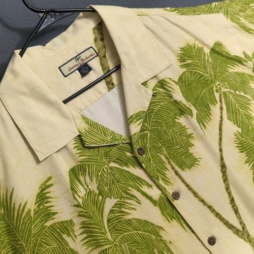 Tommy Bahama Hemd Herren XXL hellgelb Palmenmuster Seide Schlaufenkragen