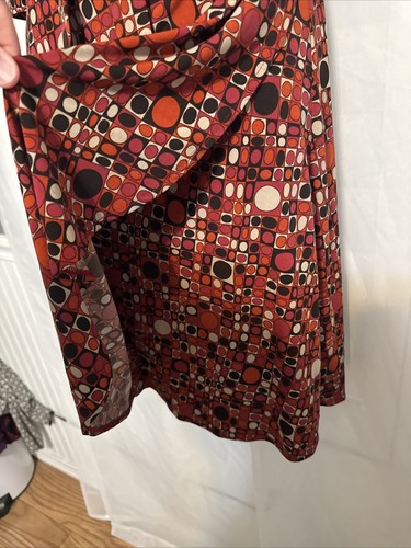 Maggy L Women's Crossbody Wrap Dress Size 10 Brown Multicolor Dots 3/4 Sleeve - Picture 7 of 14