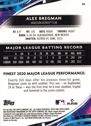 ALEX BREGMAN-3B-HOUSTON ASTROS-2021 TOPPS FINEST #83 - Picture 2 of 2