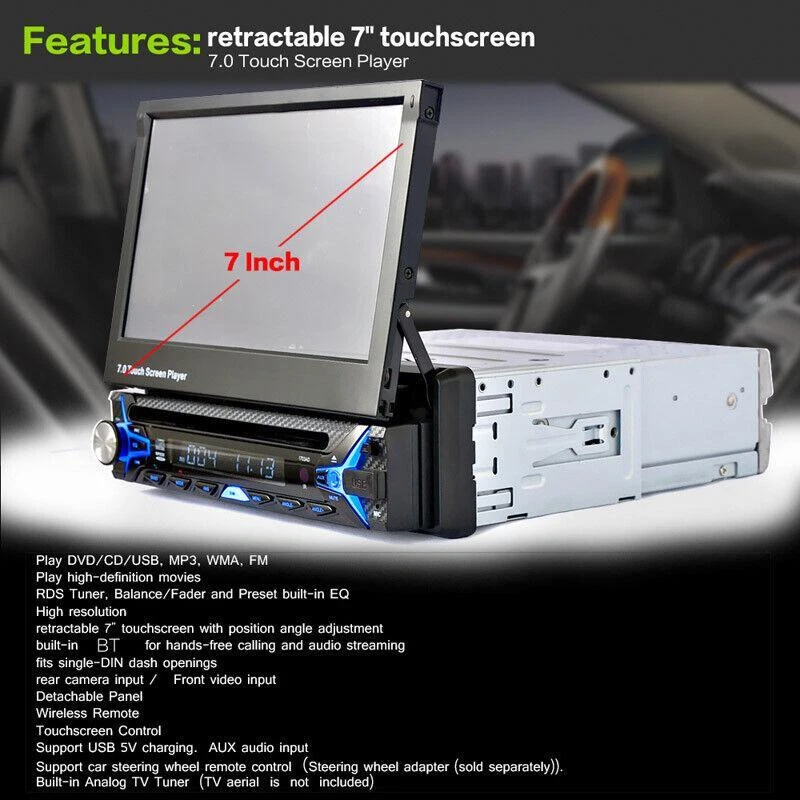 Reproductor de DVD estéreo para automóvil de 7" DIN único navegación GPS pantalla abatible radio USB RCA Foto 4 de 4