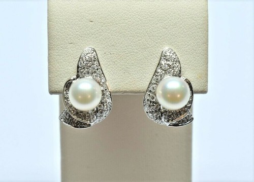 Ohrringe 14 Karat massiv Weißgold 7,5-8 mm Perle und 1,28 TCW natürlicher Diamant - Bild 4 von 6