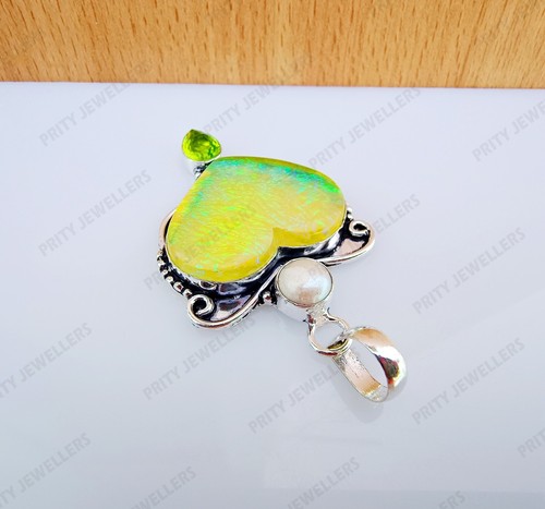 Boulder Opal mit Perle und Peridot Edelstein Herzform Handarbeit Unic Anhänger - Bild 6 von 8