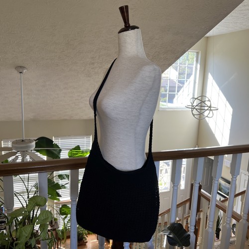 Frankie and Johnnie Black Crocheted Cross Body Zip Closure Bag Vintage Boho Knit - Picture 3 of 15