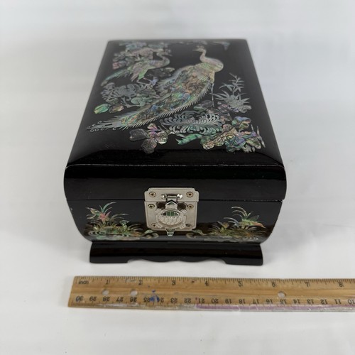 Korean Mother of Pearl Wood Black Lacquer Musical Jewelry Box Peacock 2 Tier - Picture 16 of 17