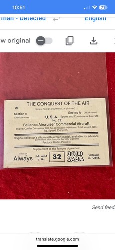 1932 Garbaty "Conquest Of The Sky" U.S.A. BELLANCA AIRCRUISER Tabakkarte #32 - Bild 3 von 4