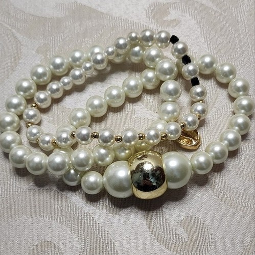 3PC VINTAGE 80S FAUX PEARL GLASS STRETCH BRACELETS GOLD TONE ACCENTS - Picture 5 of 11