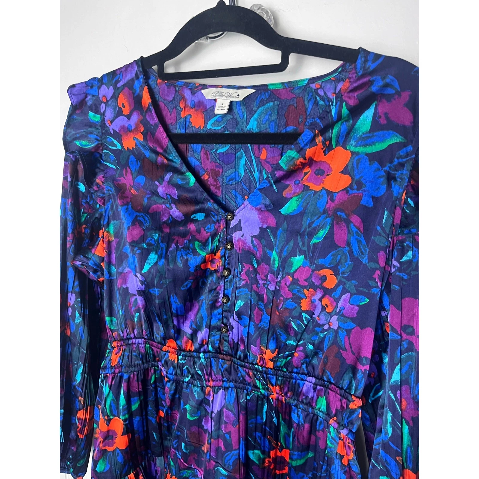 VETEMENTS Mini Abito The Pioneer Donna Blu Manica Lunga Boho Floloreale Balza Taglia S