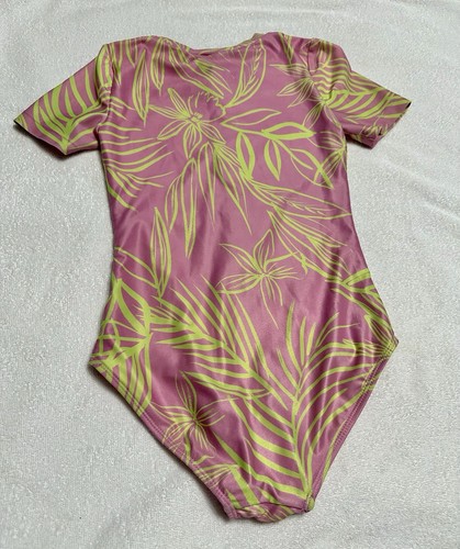 Gap Kids Girls sz M One Piece Rashguard Swimsuit pink yellow Zips EUC - Picture 2 of 3