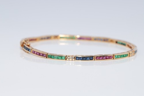 Vintage Circa 1980s 18k Gold Natural Diamond And Emerald Ruby Sapphire Bracelet - Picture 6 of 20