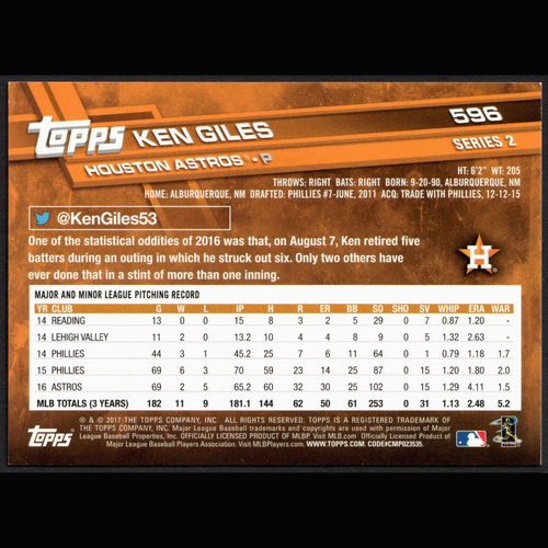 KEN GILES 2017 Topps Series 2 #596 Sparkle Foil /175 Houston Astros - Picture 2 of 2