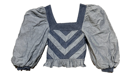 Camicetta Love The Label Chambray Chevron collo quadrato crop top manica a sbuffo denim XS - Foto 3 di 10
