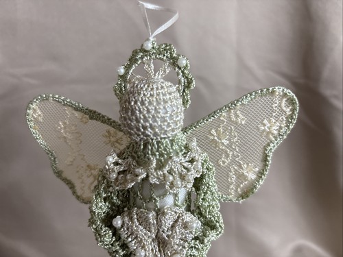 Beautiful Ivory Green Vintage Angel Ornament Crochet Lace And Pearl Beads 10” - Picture 11 of 13
