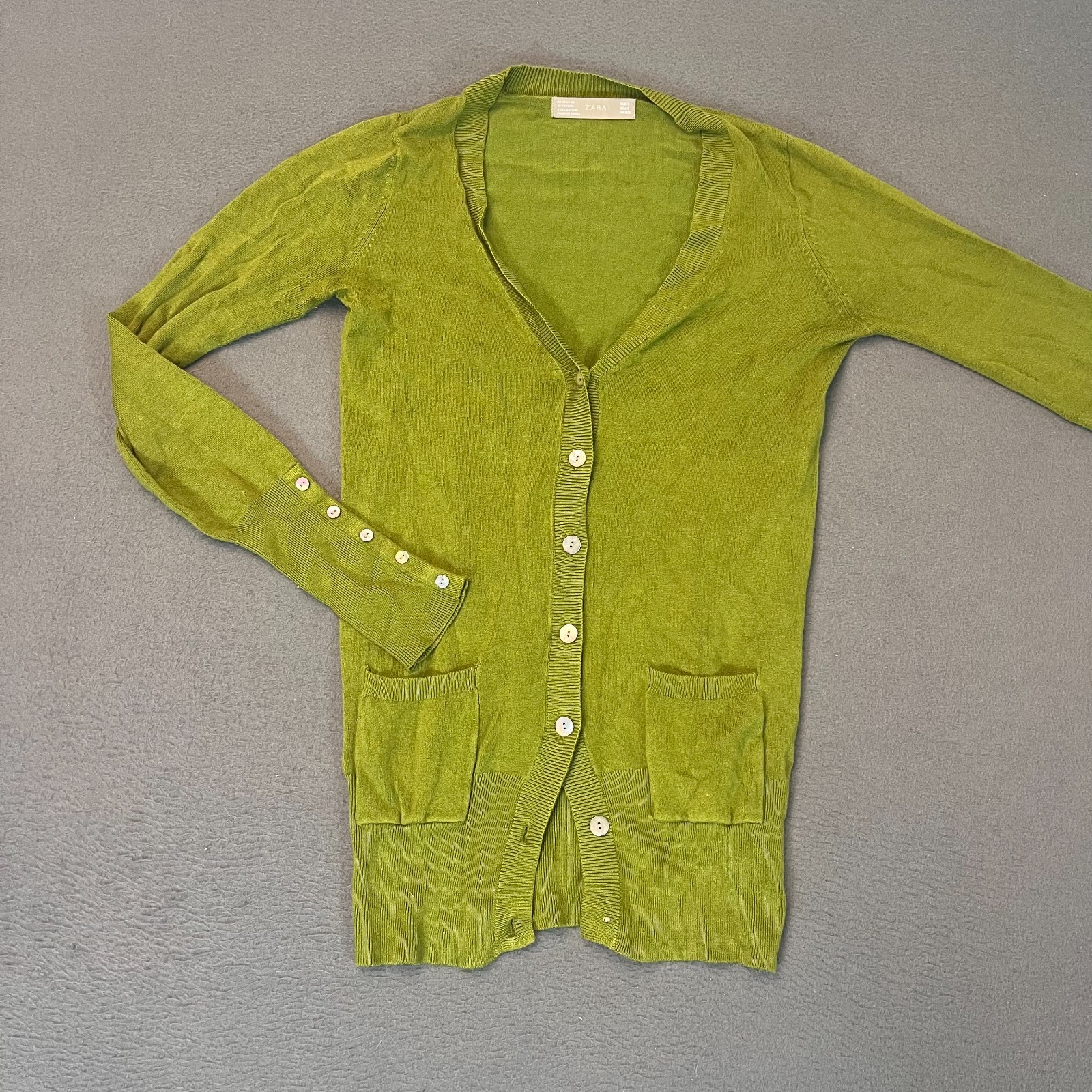 Zara Womens Sm Cardigan Sweater Green Button Up Sleeve Front Pockets Lightweight
