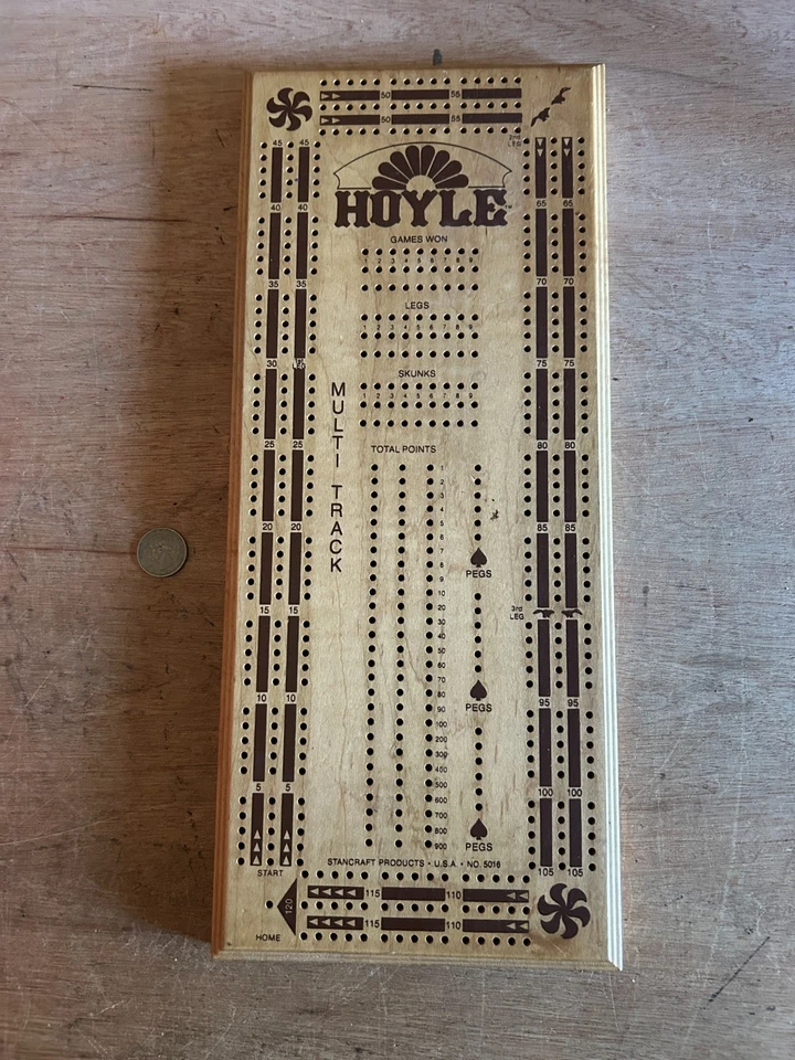 Hoyle 3 Player Cribbage Board Stancraft 5016 USA 7x16.5 Wood 4 Pegs Vintage - Image 2 of 4