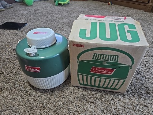 Vtg Coleman 1-Gallon Water Jug Cooler Green White Lid & Cup 5506B700 Fast Flow - Picture 2 of 11