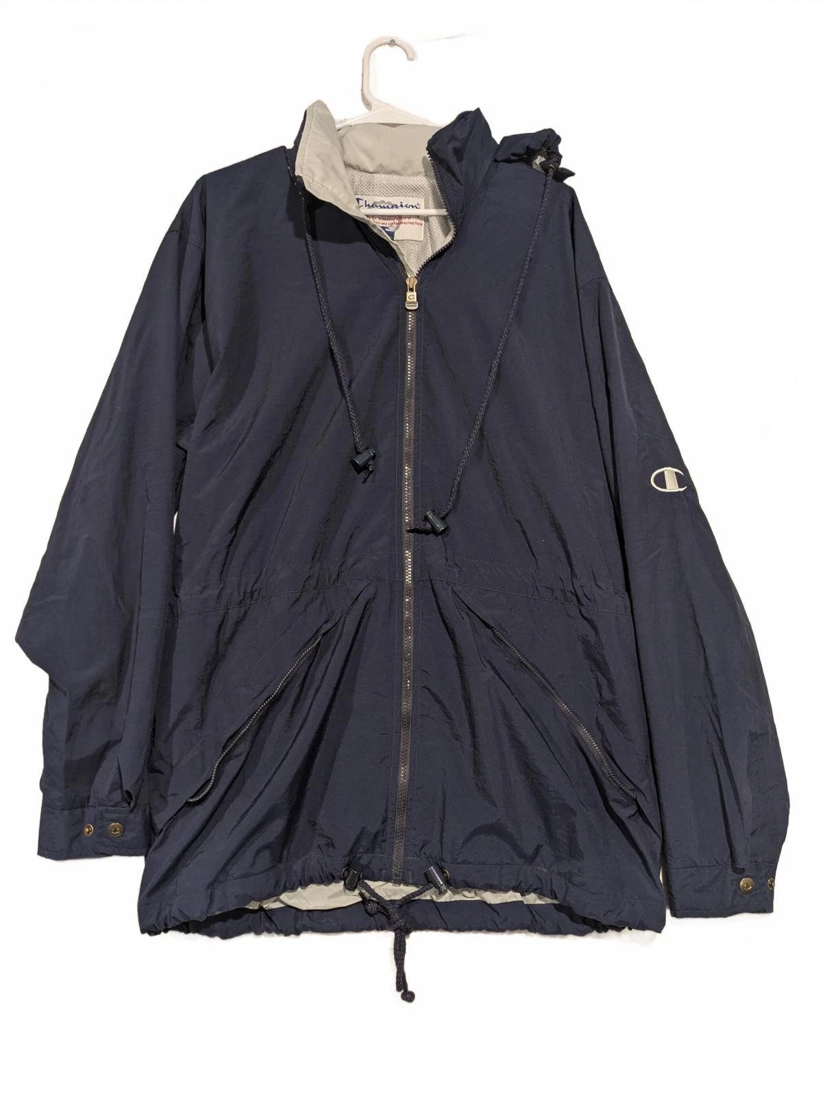 Champion Navy Blue Lightweight Windbreaker Jacket Nylon Mens Medium Rolled Hood