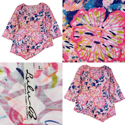 LuLu B Tunic Shirt Women's Size Large Asymmetrical Blouse Popover Bright Floral
