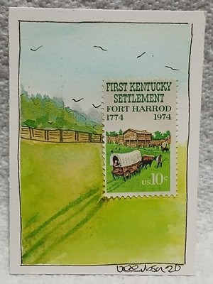 Postal Whimsy OOAK ACEO   10¢ Fort Harrod Kentucky Settlement Loose Watercolor
