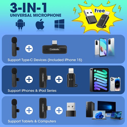 (2 Mics) Wireless Lavalier Microphones for iPhone/Android/PC, 3-IN-1 Mini Noi... - Bild 5 von 7
