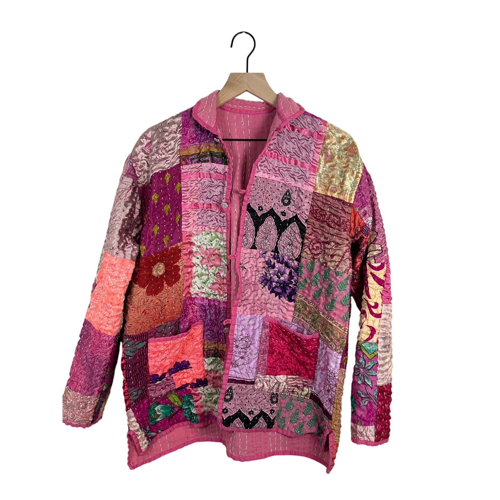 Vintage Boho Patchwork Reversible Jacket Pink Qui… - image 1