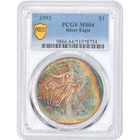 1993 $1 American Silver Eagle PCGS MS64 - Beautiful Dual Sided Rainbow Toning