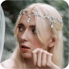 Rhinestone Leaf Wedding Crown Headband for Brides, Crystal Pendent Fairy Tiara H