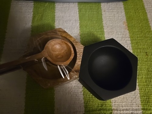 NWT Mango Wood Salt Pepper Cellar Hexagon Dish + Spoons Black Natural Modern Set - Picture 2 of 7