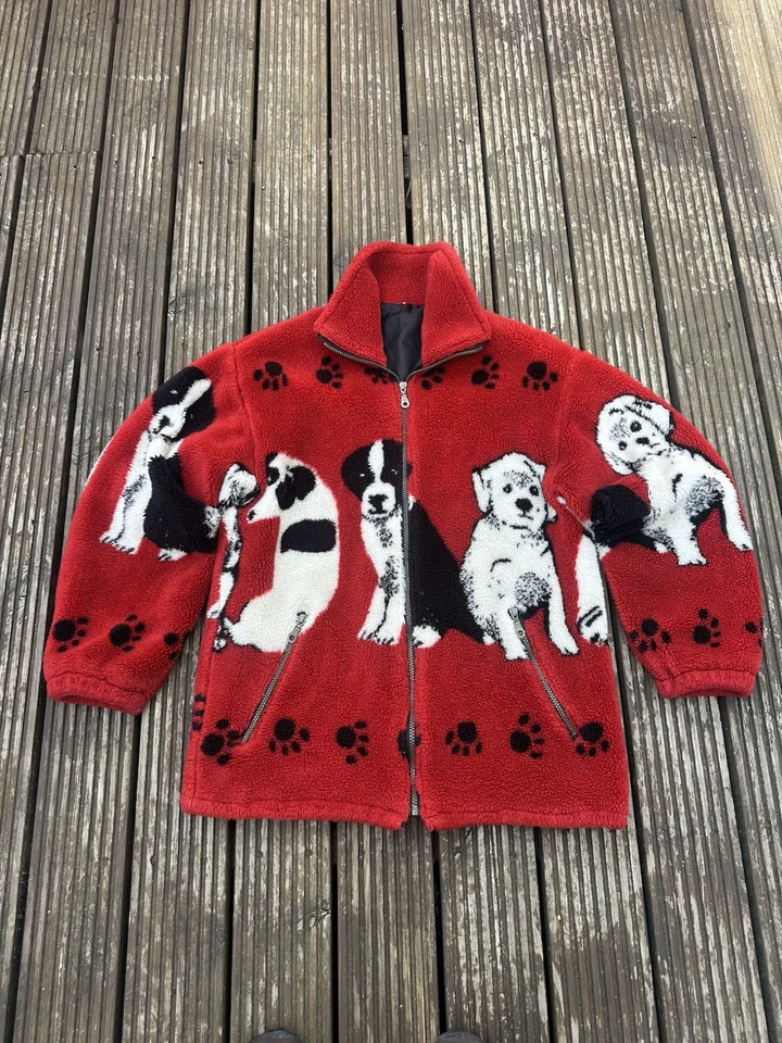 Vintage 90er Hunde Muster Fleece Jacke rot All Over Print Welpen Retro S/M 21" - Bild 1 von 4