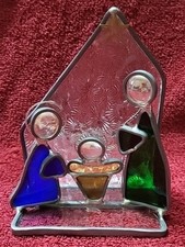 Vintage Stained Glass Votive Candle Holder Nativity Holy Family Manger Signed