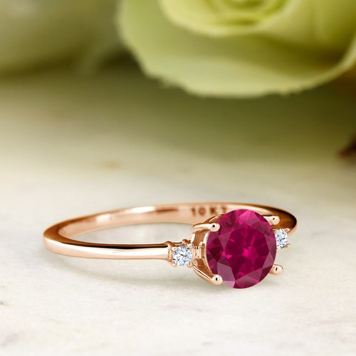 10K Rose Gold Created Ruby and White Created Sapphire Solitaire Engagement Ring - Picture 4 of 6
