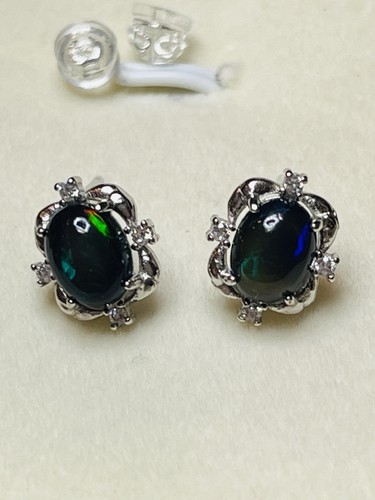 925 Sterling Silver Natural Ethiopian Rainbow Black Opal Stud Earrings 3 TWC - Picture 5 of 10