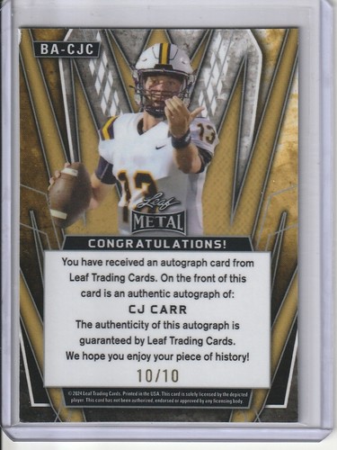 2024 Hoja Metal CJ Carr Auto/10 Notre Dame #BA-CJC - Imagen 2 de 2