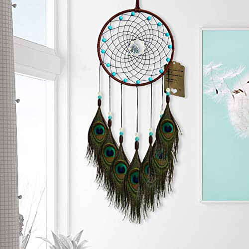 Dream Catchers Wall Hanging Room Decor Glow Beads Handmade Peacock Feather for - Foto 7 di 7