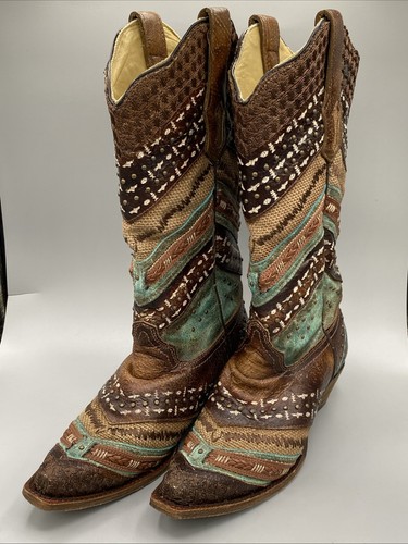 Botas vaqueras Corral Western para mujer 7M verde azulado bordadas azteca tachonadas trenzadas - Imagen 4 de 17