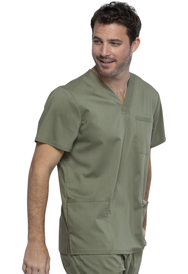 Cherokee Workwear Scrubs WW Revolution Men V Neck Top WW670 OLV Olive Free Ship - Image 4 of 4