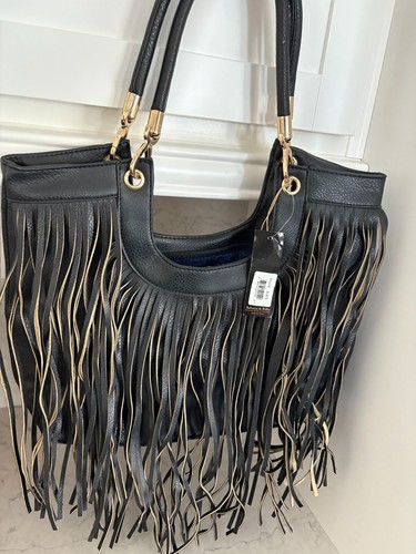 Rebecca & Rifka Purse Bag Womens Black Faux Leather Fringed Boho Western Cowgirl