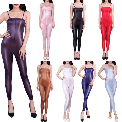 Sexy Women Oil Bodysuit Shiny Pantyhose Spaghetti Straps One-piece Jumpsuit - Picture 3 of 99