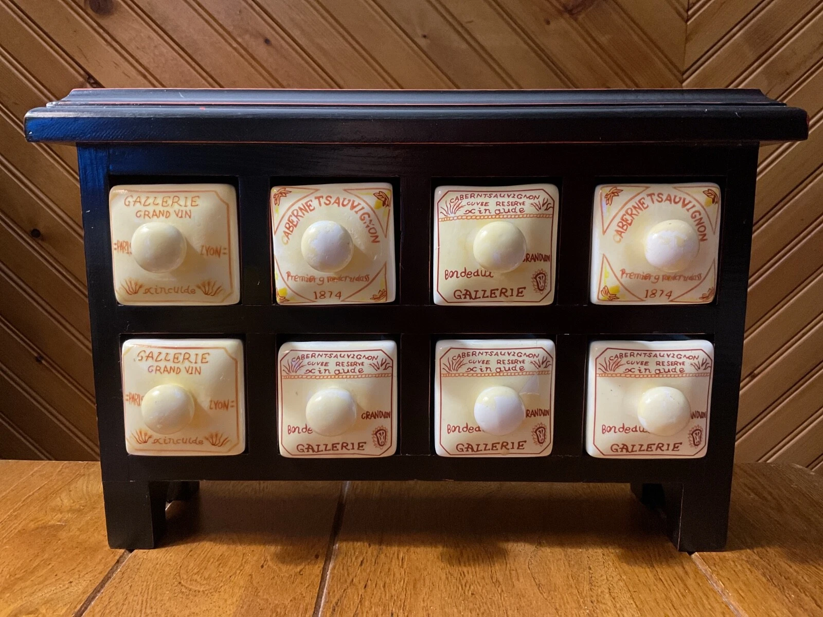RARE Find Antique 1940's Spice Rack Dark Wood /Porcelain Drawers
