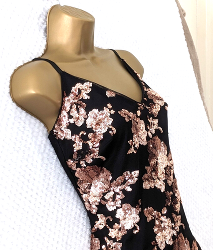 QUIZ Rose Gold Sequin Bodycon Mini Dress Sz 12 Strappy Stretchy Sexy Glam Party - Picture 3 of 15