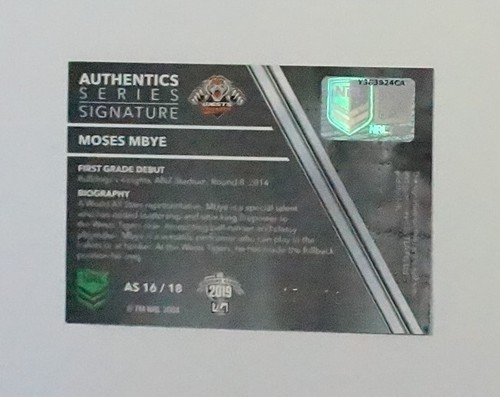 2019 NRL Traders Authentics Signature AS16 Moses Mbye #107 Wests Tigers - Picture 2 of 2
