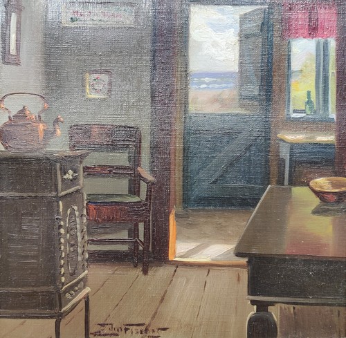 Edmund Fischer (1889-1952): INTERNO CASETTA CON STUFA IN FERRO, olio originale - Foto 5 di 8