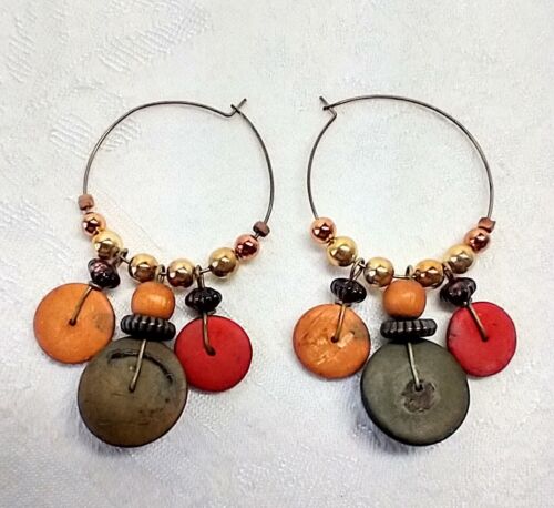Granny Hippy Bohemian goldtone pierced hoop earrings about 1 1/2" almost 3" long - Picture 2 of 8