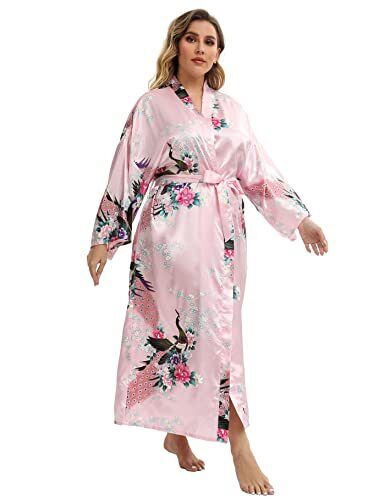 Lange Damen-Satinmäntel mit Blumenmuster Übergröße 4X-Large-5X-Large plus Pfau | rosa - Bild 4 von 6