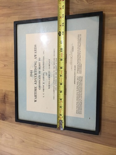 WWII 1944 Wartime Advertising Awards Framed Certificate L. C. Smith Type writers - Picture 3 of 9