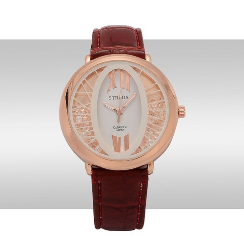 STRADA Watch Austrian Crystal Womens Faux Leather Burgundy Band Stainless Steel - Picture 3 of 4
