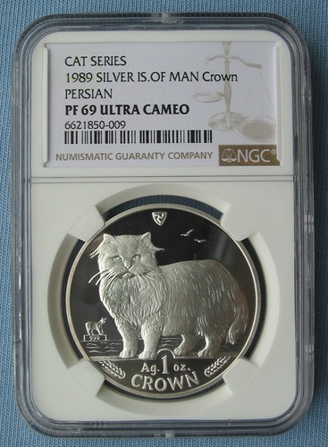 1989 Isle of Man 1 Crown Persian Cat 1 oz .999 Silver - NGC PF 69 Ultra Cameo