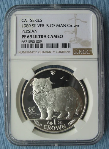 1989 Isle of Man 1 Crown Persian Cat 1 oz .999 Silver - NGC PF 69 Ultra Cameo