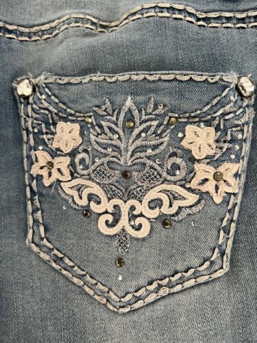 Pantalones de mezclilla ajustados elásticos Knox Rose bordados con joyas talla 6 medio azul lavado - Imagen 3 de 12